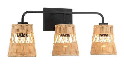 Moonlit Three Lights Wall Sconce With Rattan Shade, Bathroom Lighting Fixtures Over Mirror