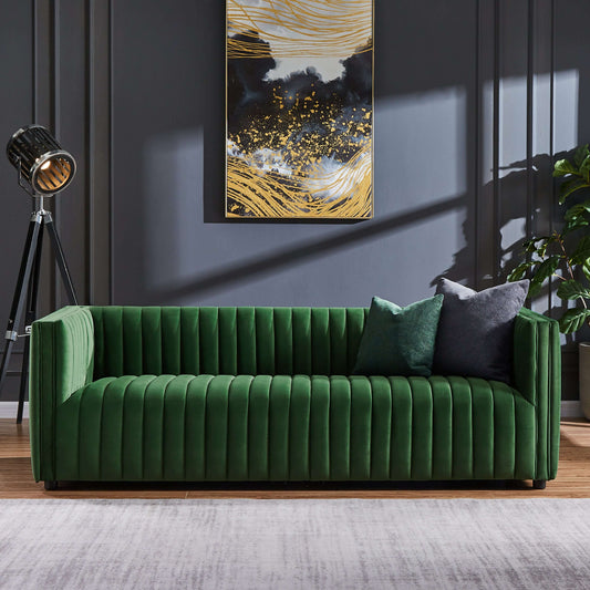Dominic Dark Green Channel Tufted Velvet Sofa