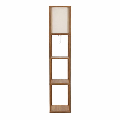 Pinnacle Shelf Floor Lamp For Bedroom/Living Room, Natural Wood with Long Shade