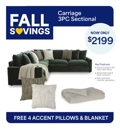 Carriage Sectional 3PC Set with Throw & Four Accent Pillows Bundle