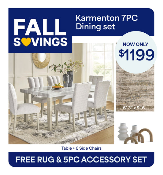 Karmenton 7PC Dining Set Package + FREE 6'-3" x 9'-6" Rug & 5PC Accessory Set