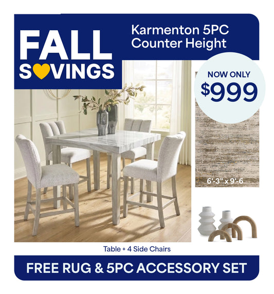 Karmenton 5PC Counter Dining Set + FREE 6'-3" x 9'-6" Rug & 5PC Accessory Set