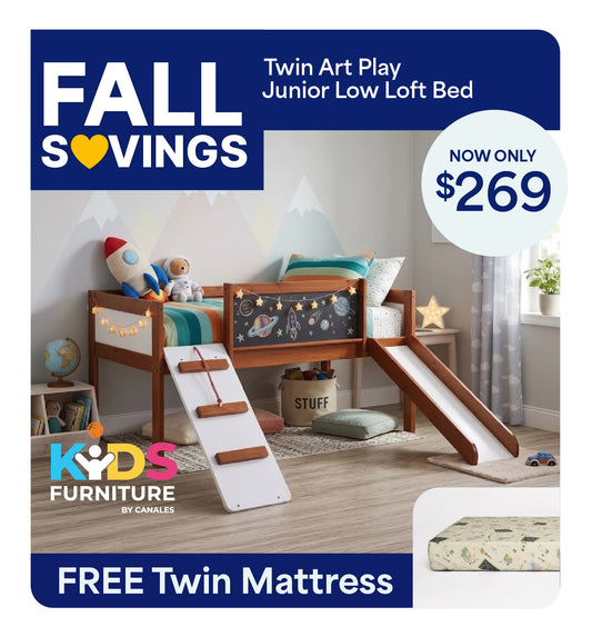 Twin Art Play Junior Low Loft con cajas de juguetes en acabado blanco lavado/gris oscuro + cama individual Junior Low Loft gratis