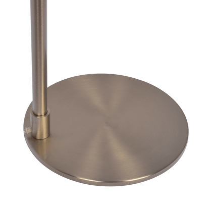 Lámpara de pie Serene de níquel cepillado con interruptor giratorio, base de metal y pantalla de lino blanco.