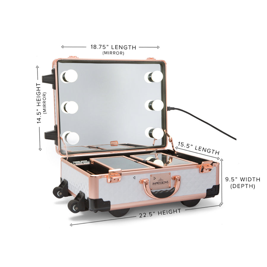 SlayCase® XLS Vanity Travel Train Case with Stand in White & Rose Gold Studded