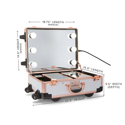 SlayCase® XLS Vanity Travel Train Case with Stand in White & Rose Gold Studded