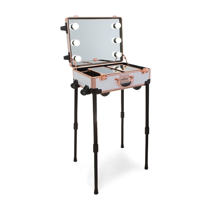 SlayCase® XLS Vanity Travel Train Case with Stand in White & Rose Gold Studded
