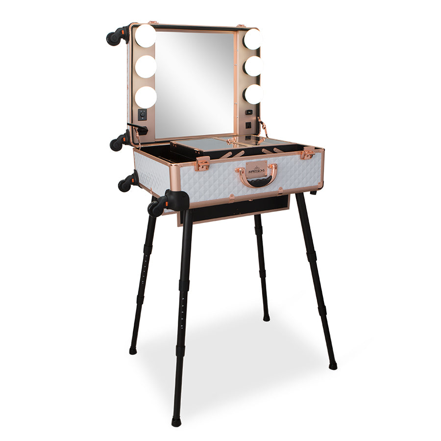 SlayCase® Pro Vanity Travel Train Case with Stand in White & Rose Gold Studded