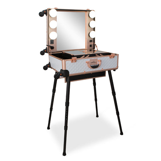 SlayCase® Pro Vanity Travel Train Case with Stand in White & Rose Gold Studded