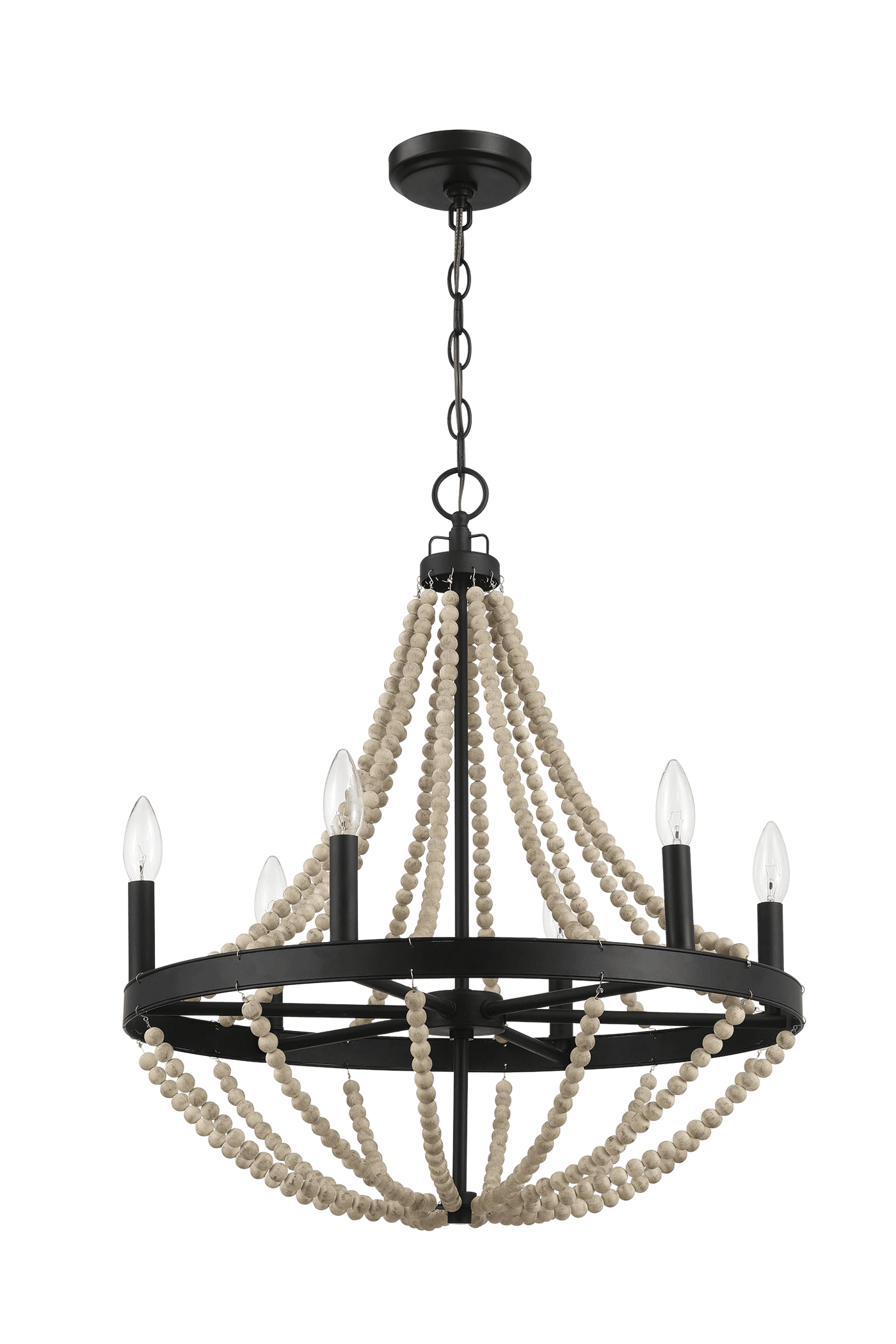 Lámpara colgante de madera estrellada estilo granja con seis velas y cuentas de madera negras para comedor