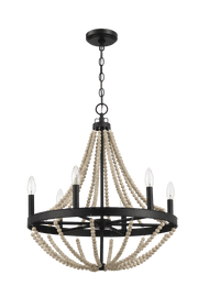 Lámpara colgante de madera estrellada estilo granja con seis velas y cuentas de madera negras para comedor
