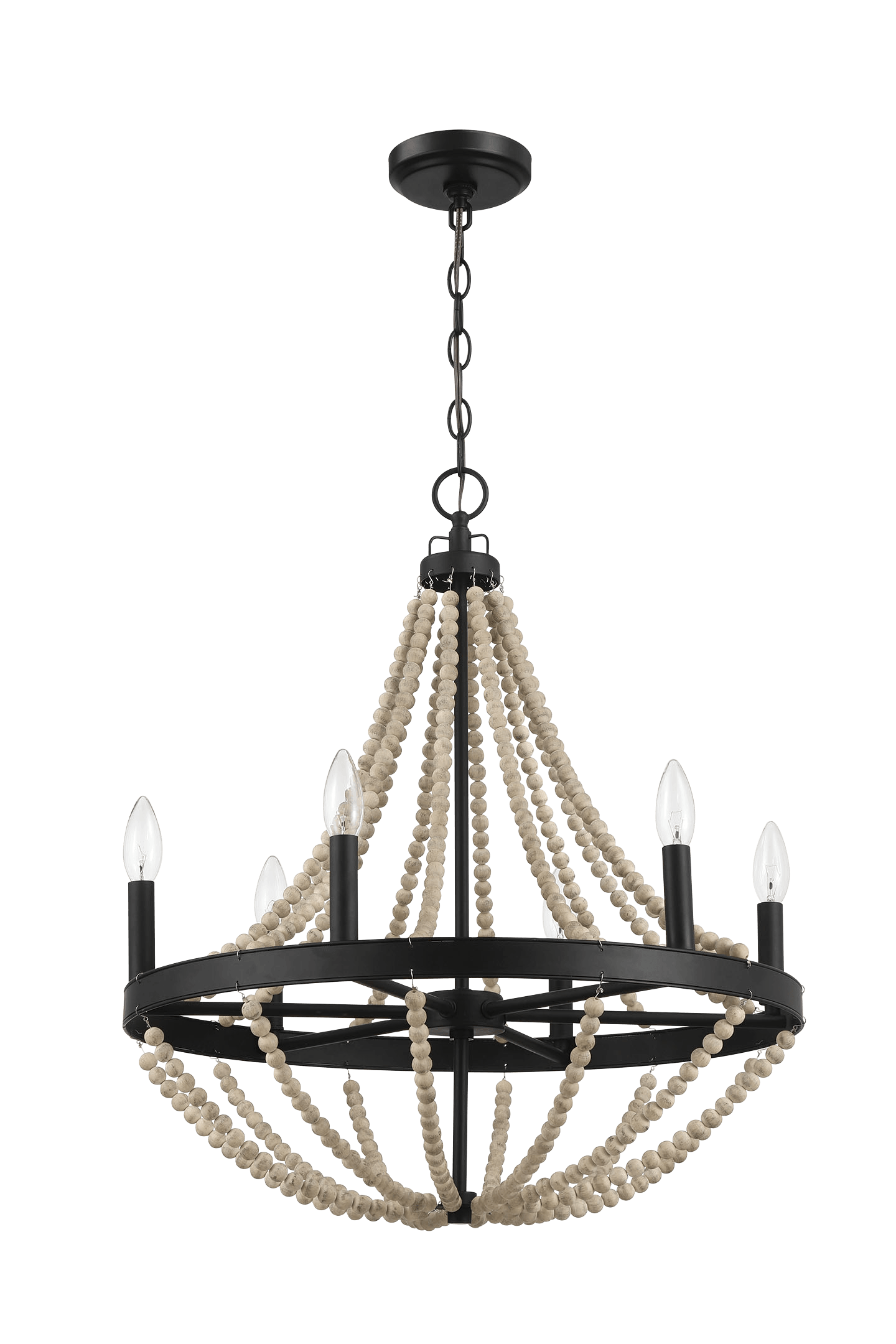 Lámpara colgante de madera estrellada estilo granja con seis velas y cuentas de madera negras para comedor