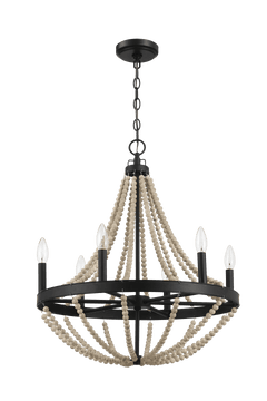 Lámpara colgante de madera estrellada estilo granja con seis velas y cuentas de madera negras para comedor