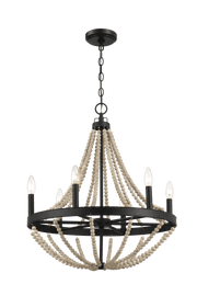 Lámpara colgante de madera estrellada estilo granja con seis velas y cuentas de madera negras para comedor