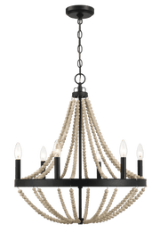 Lámpara colgante de madera estrellada estilo granja con seis velas y cuentas de madera negras para comedor