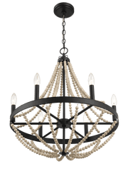 Lámpara colgante de madera estrellada estilo granja con seis velas y cuentas de madera negras para comedor