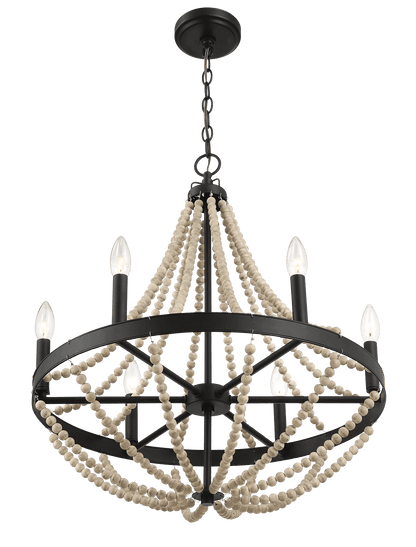 Starry Wood Chandelier Farmhouse Six Candle Light Wood Beaded Black Pendant Light for Dining Room