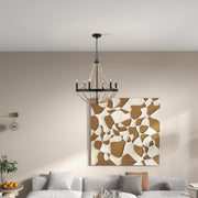 Lámpara colgante de madera estrellada estilo granja con seis velas y cuentas de madera negras para comedor