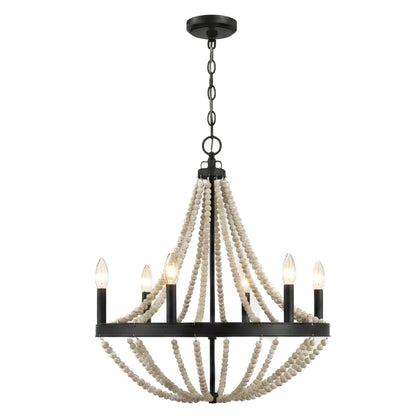 Lámpara colgante de madera estrellada estilo granja con seis velas y cuentas de madera negras para comedor