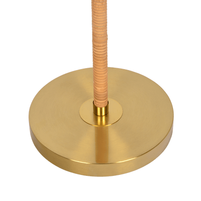 Lámpara de pie con tubo de ratán de madera estelar, metal de latón dorado y pantalla de lino blanco