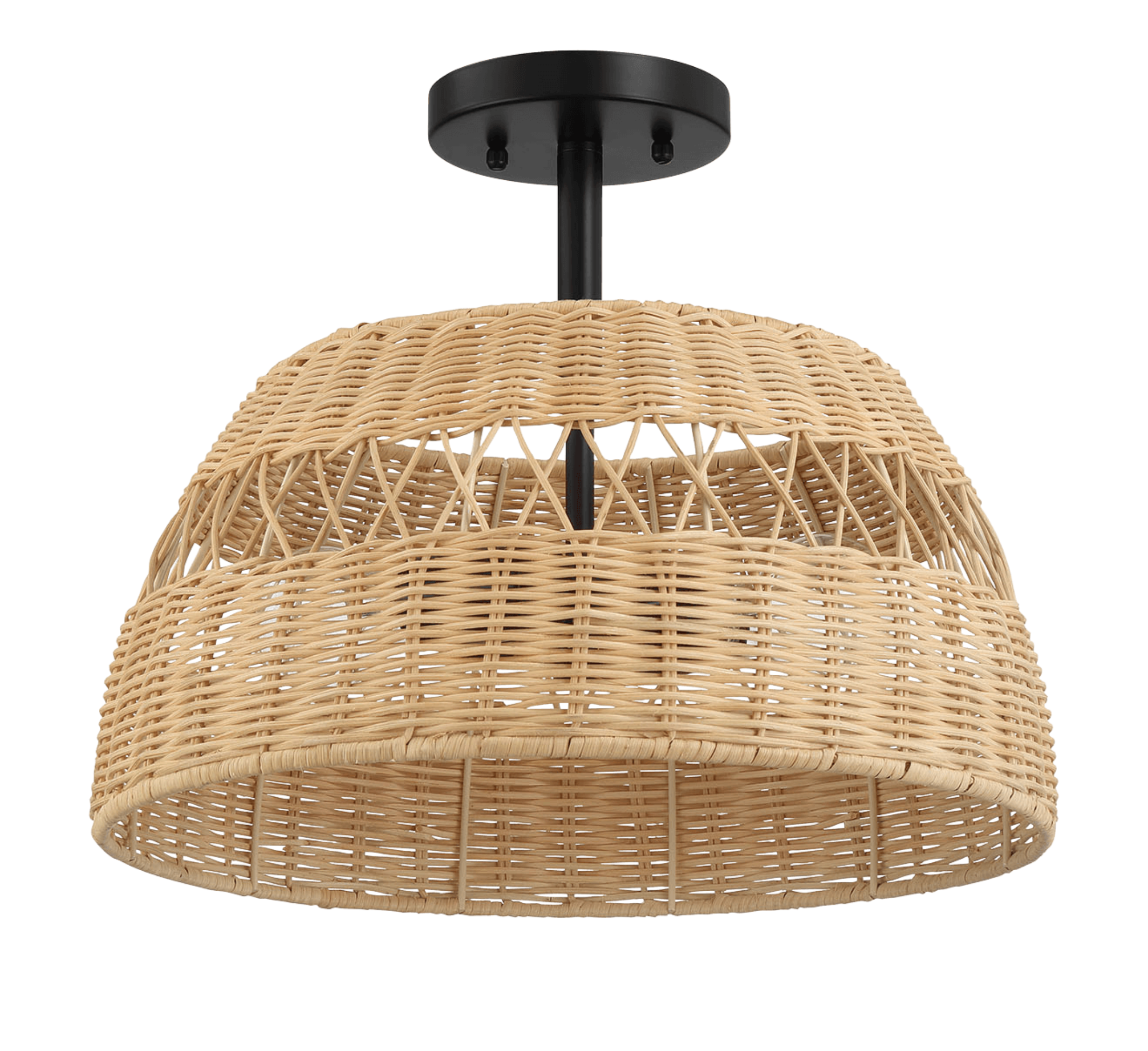 Twinkle 2-Light Rattan Semi-Flush Mount | Black Metal & Woven Farmhouse Ceiling Light