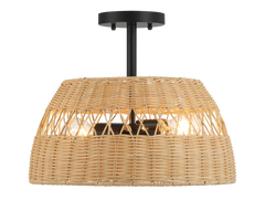 Twinkle 2-Light Rattan Semi-Flush Mount | Black Metal & Woven Farmhouse Ceiling Light