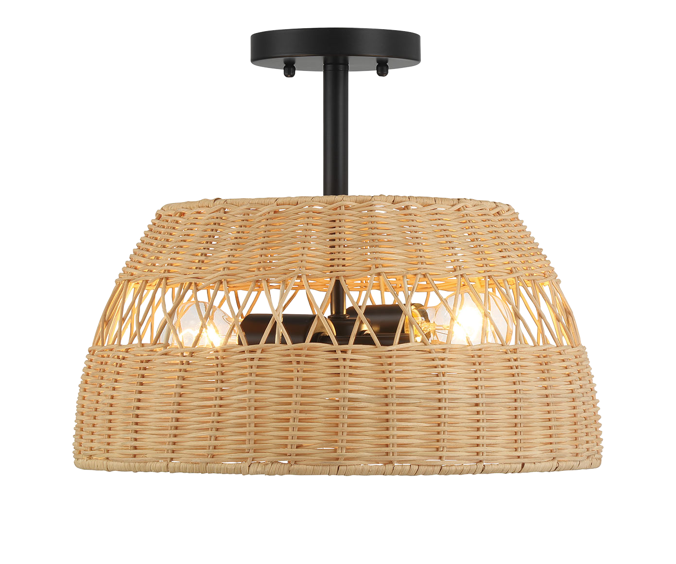 Twinkle 2-Light Rattan Semi-Flush Mount | Black Metal & Woven Farmhouse Ceiling Light