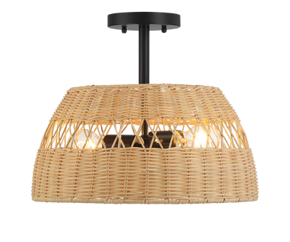 Twinkle 2-Light Rattan Semi-Flush Mount | Black Metal & Woven Farmhouse Ceiling Light