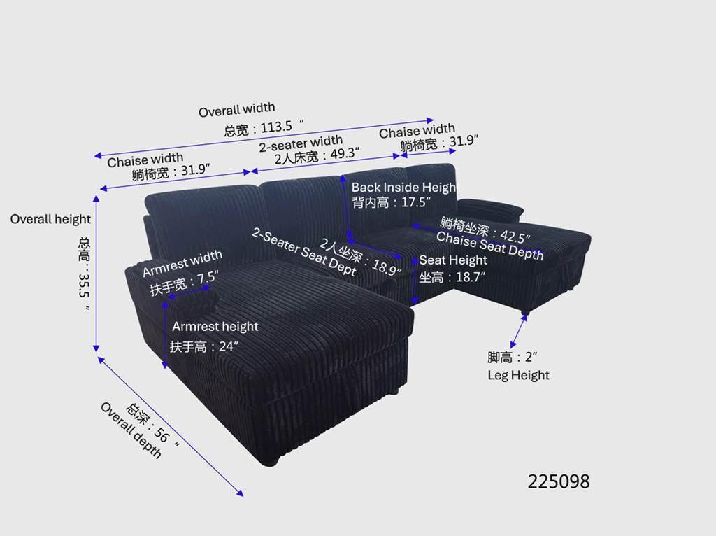 Ember  Black Sectional Sofa W/ Pull Out Bed & 2 Chaise