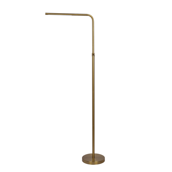 Lámpara de pie Verve de latón dorado con interruptor de encendido y apagado, base redonda LED ajustable