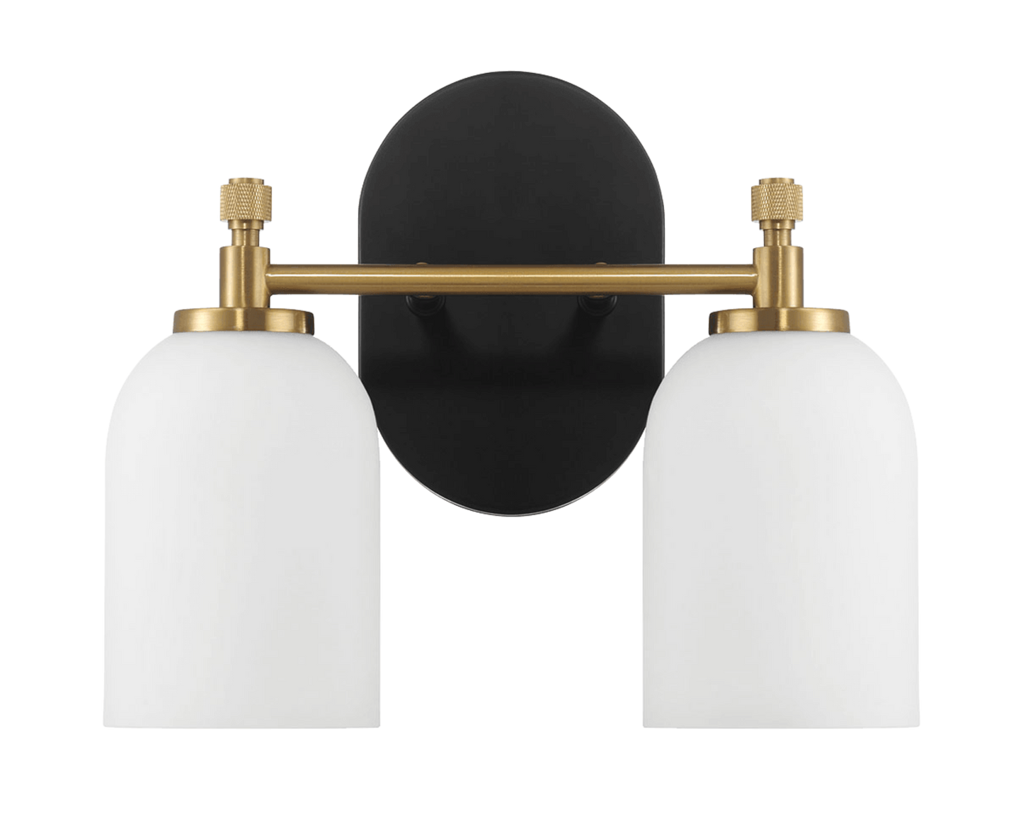 Aplique de pared Vortex de dos luces, estilo tradicional, para espejo de baño, 31 cm de ancho x 26 cm de alto x 14 cm de profundidad, con vidrio esmerilado blanco.