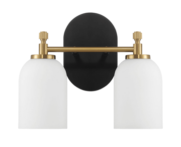 Aplique de pared Vortex de dos luces, estilo tradicional, para espejo de baño, 31 cm de ancho x 26 cm de alto x 14 cm de profundidad, con vidrio esmerilado blanco.