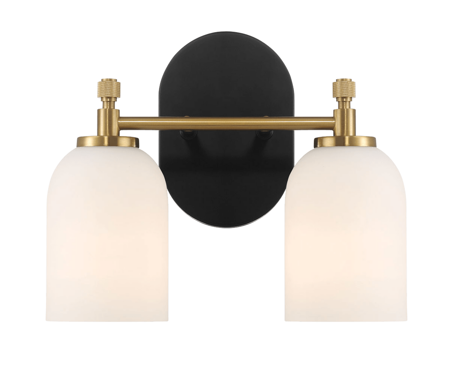 Aplique de pared Vortex de dos luces, estilo tradicional, para espejo de baño, 31 cm de ancho x 26 cm de alto x 14 cm de profundidad, con vidrio esmerilado blanco.