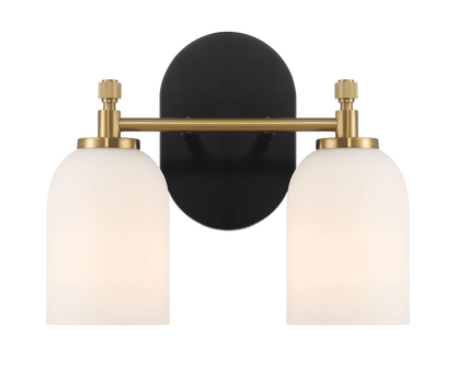 Aplique de pared Vortex de dos luces, estilo tradicional, para espejo de baño, 31 cm de ancho x 26 cm de alto x 14 cm de profundidad, con vidrio esmerilado blanco.