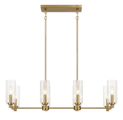 Willow Eight Lights Island With Clear Ribbed Glass Pendant Lamp - Satin Brass