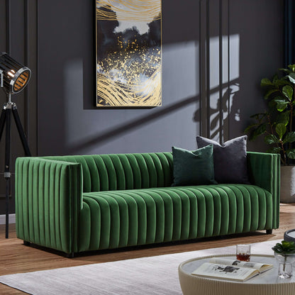 Dominic Dark Green Channel Tufted Velvet Sofa
