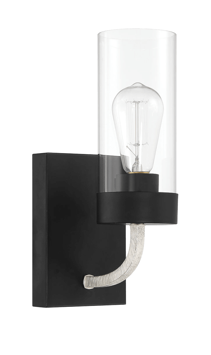 Aplique Zephyr de una luz con cristal transparente y acabado en metal negro