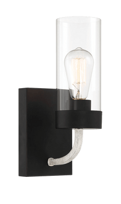 Aplique Zephyr de una luz con cristal transparente y acabado en metal negro
