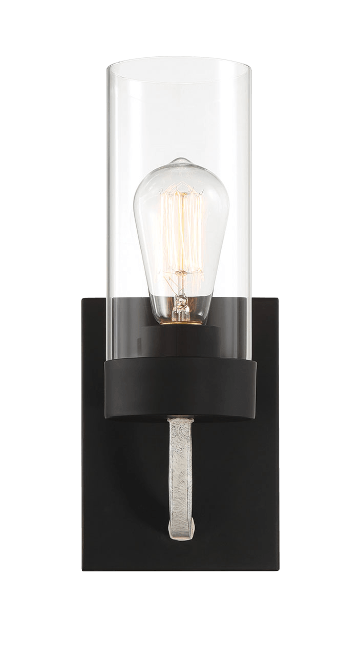 Aplique Zephyr de una luz con cristal transparente y acabado en metal negro