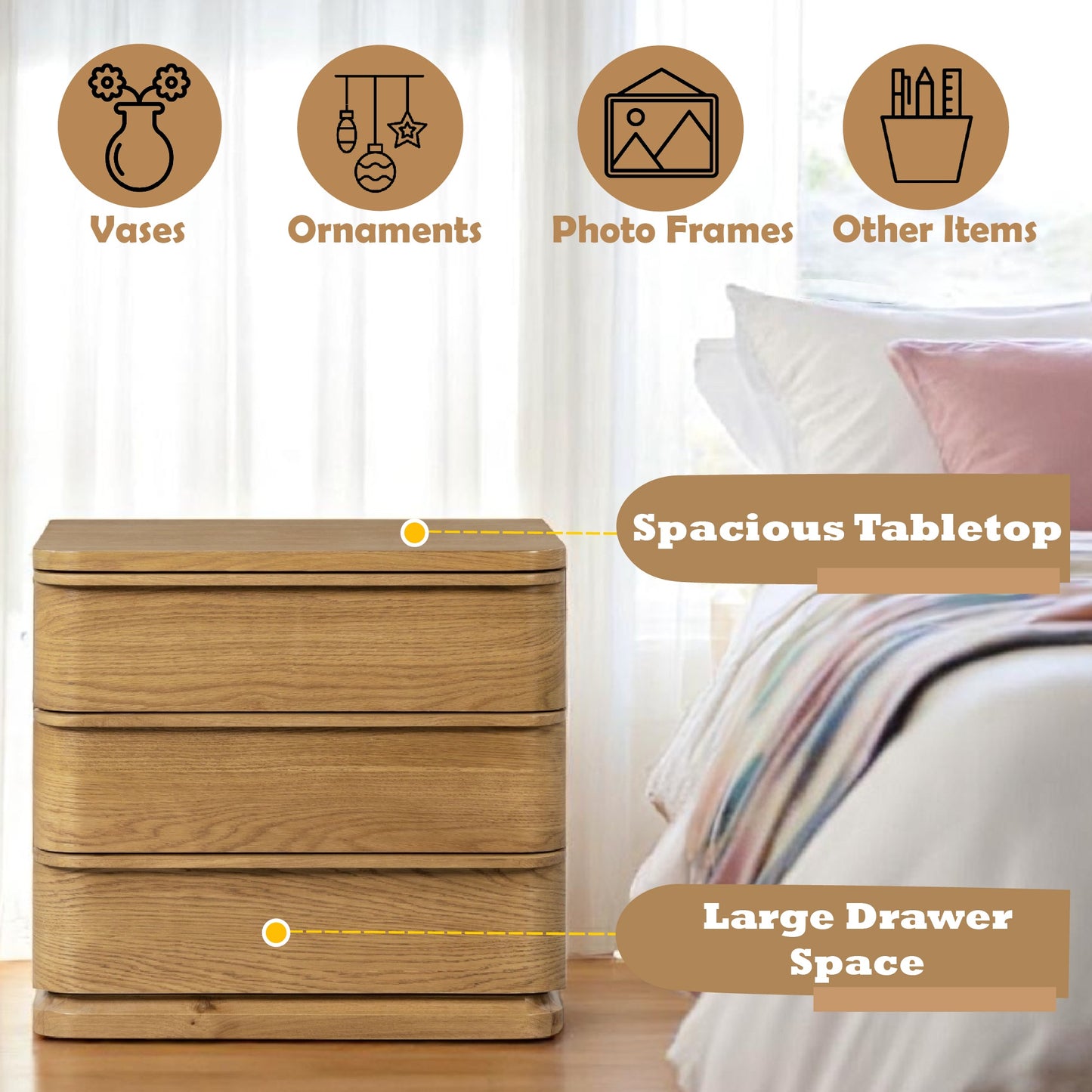 Zoey 3 - Drawer Rectangular Nightstand with Rounded Edges