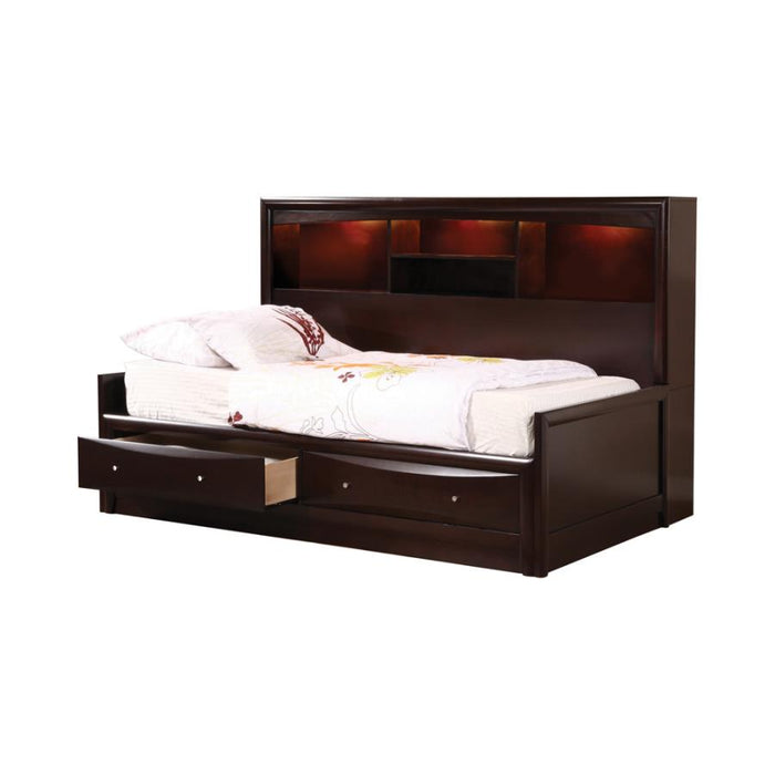 Sofá cama completo Phoenix Cappuccino con estantería y cajones de almacenamiento