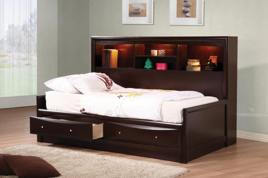 Sofá cama completo Phoenix Cappuccino con estantería y cajones de almacenamiento