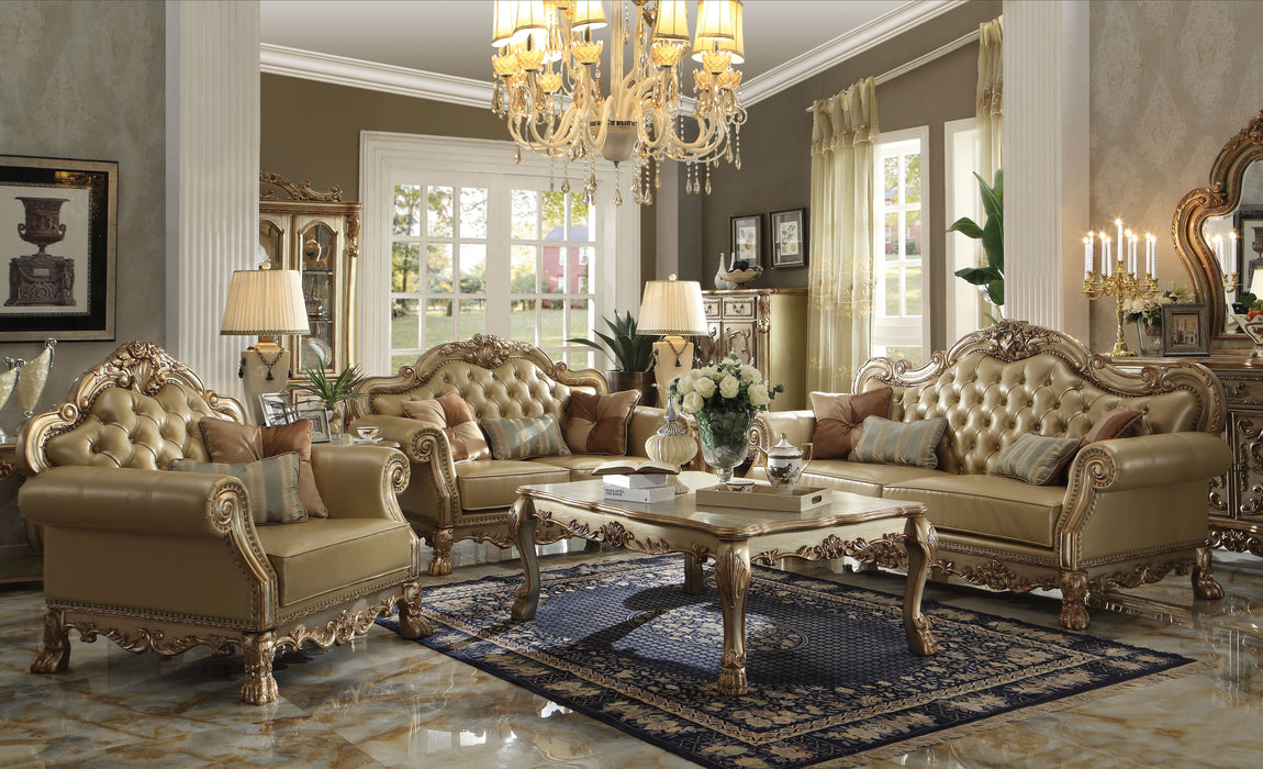 Dresden Bone PU & Gold Patina Sofa w/4 Pillows - Canales Furniture
