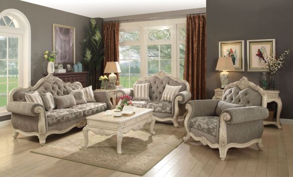 Ragenardus Gray Fabric & Antique White Sofa w/5 Pillows - Canales Furniture
