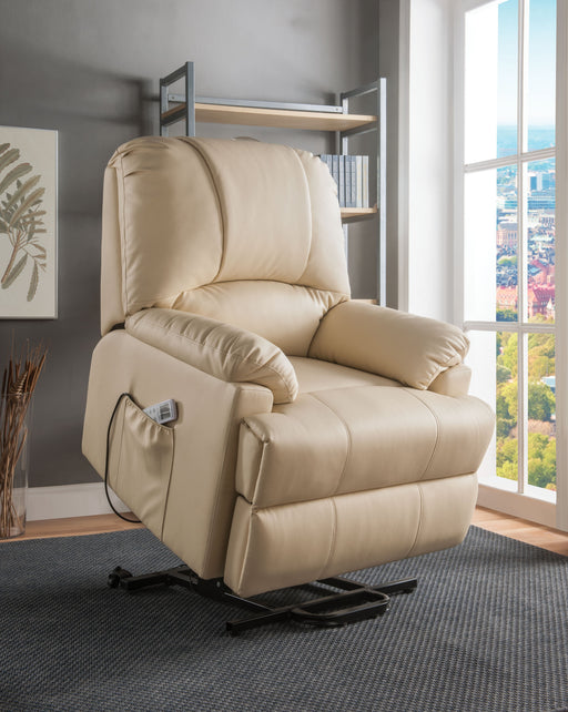 Ixora Beige PU Recliner w/Power Lift & Massage - Canales Furniture