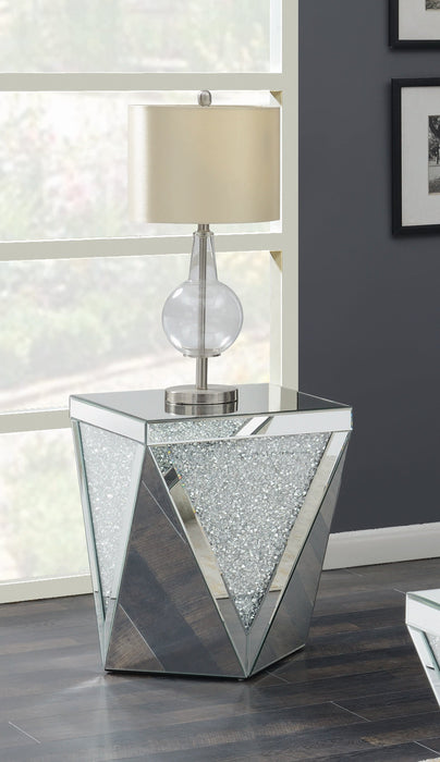Square End Table With Triangle Detailing Silver And Clear Mirror - Canales Furniture