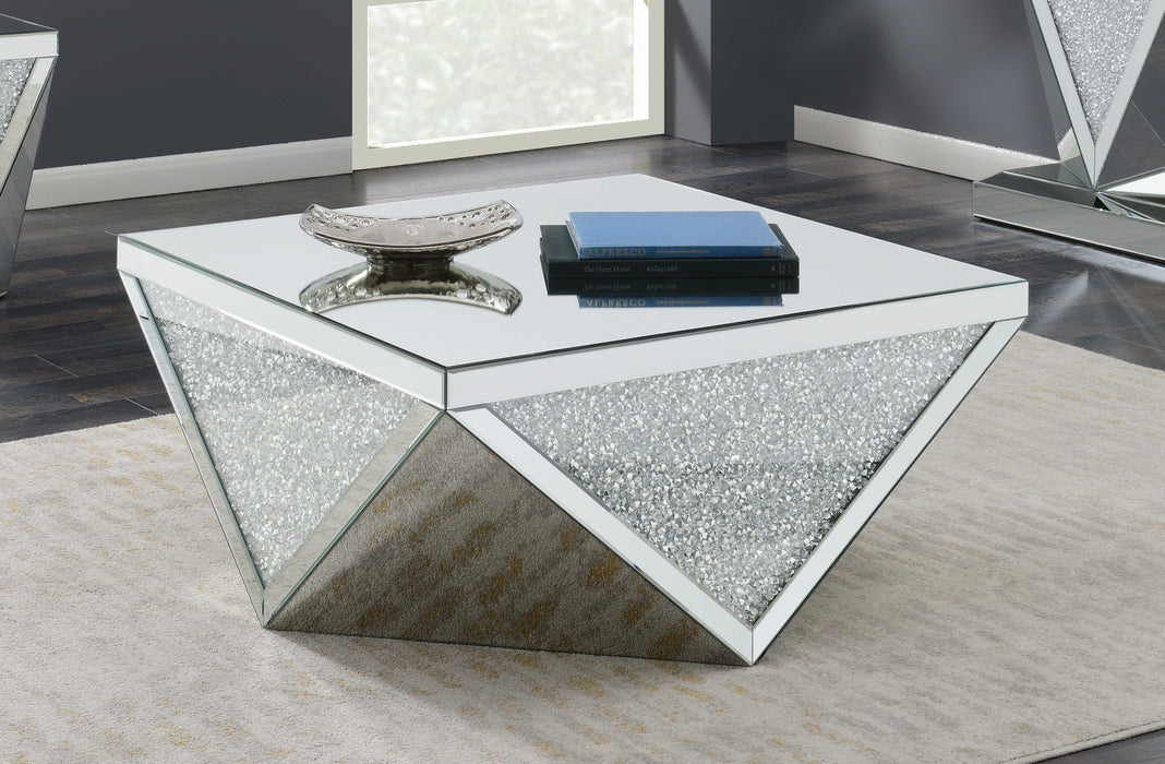 Square Coffee Table With Triangle Detailing Silver And Clear Mirror - Canales Furniture