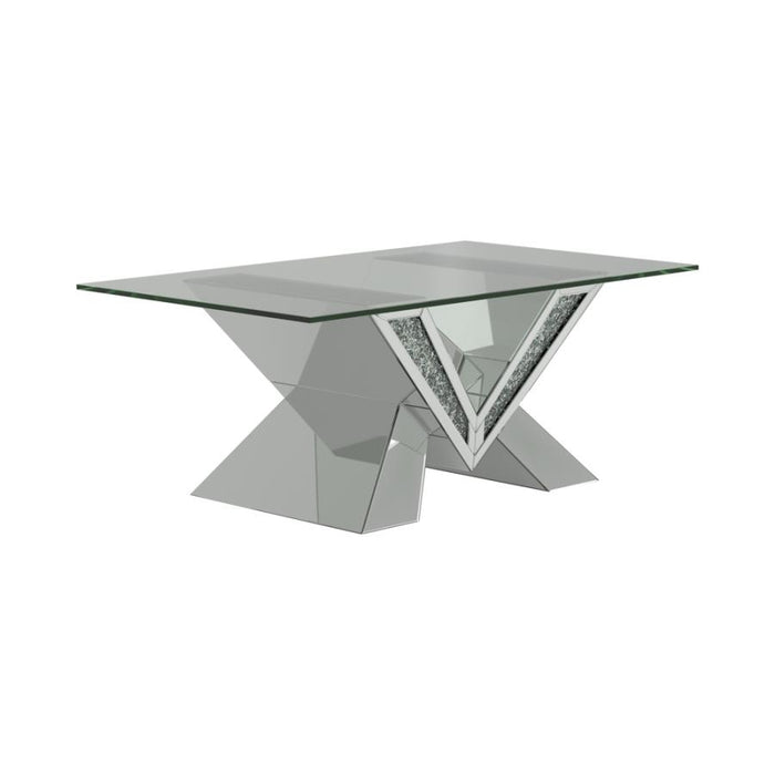 Mesa de centro en forma de V de tafetán con tapa de cristal plateada