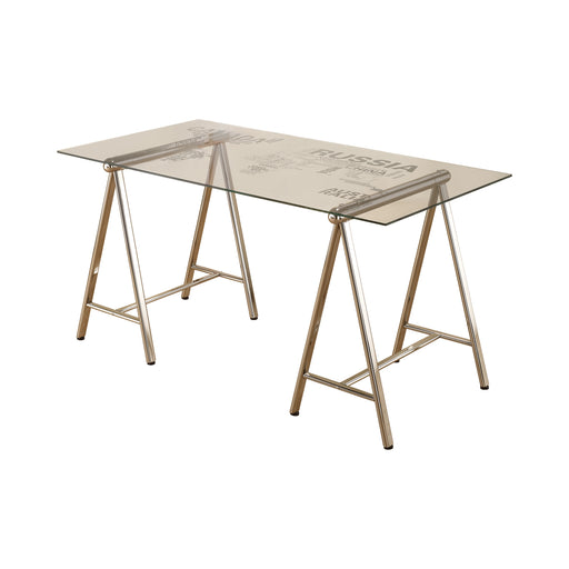 Patton World Map Writing Desk Nickel And Printed Clear - Canales Furniture