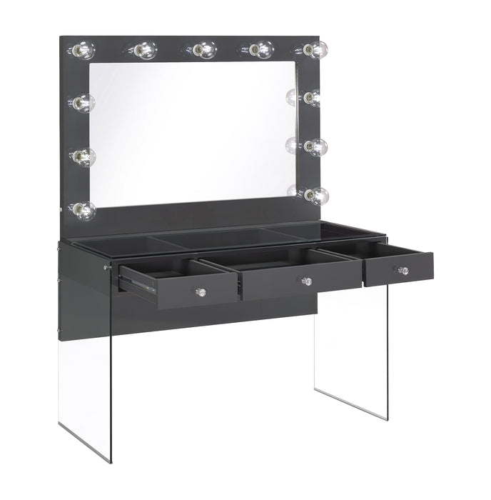 Afshan 3-Drawer Vanity Desk With Lighting Mirror Grey High Gloss